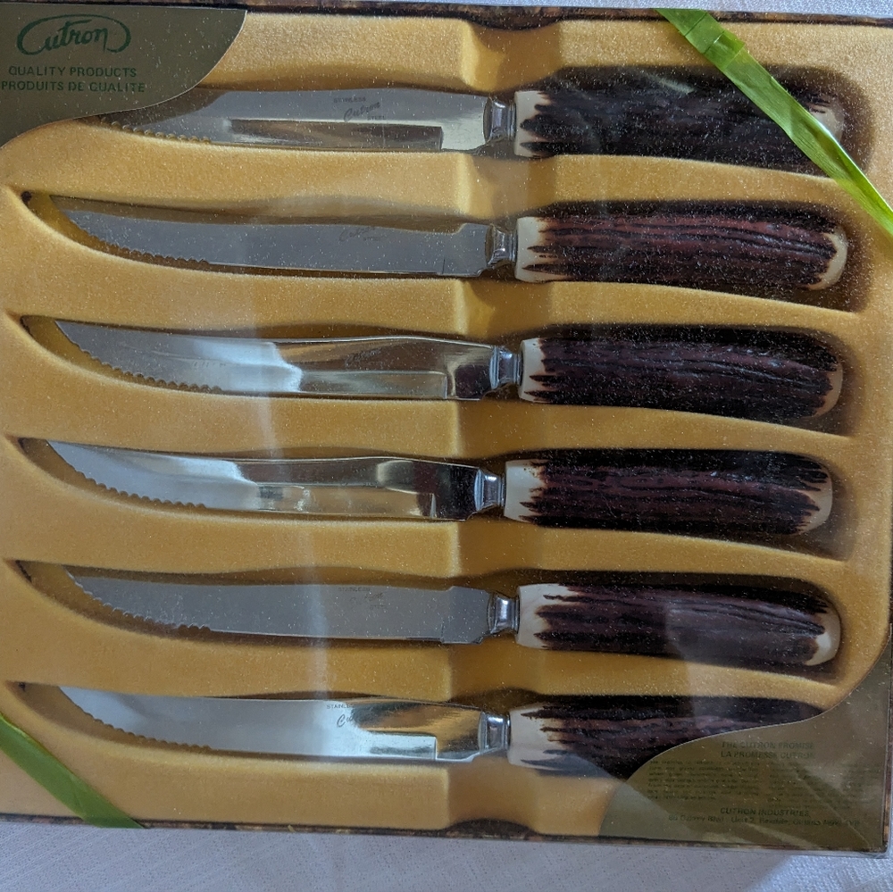 VTG Cutron 6 piece steak knife set faux antler  handles made in Canada NIB